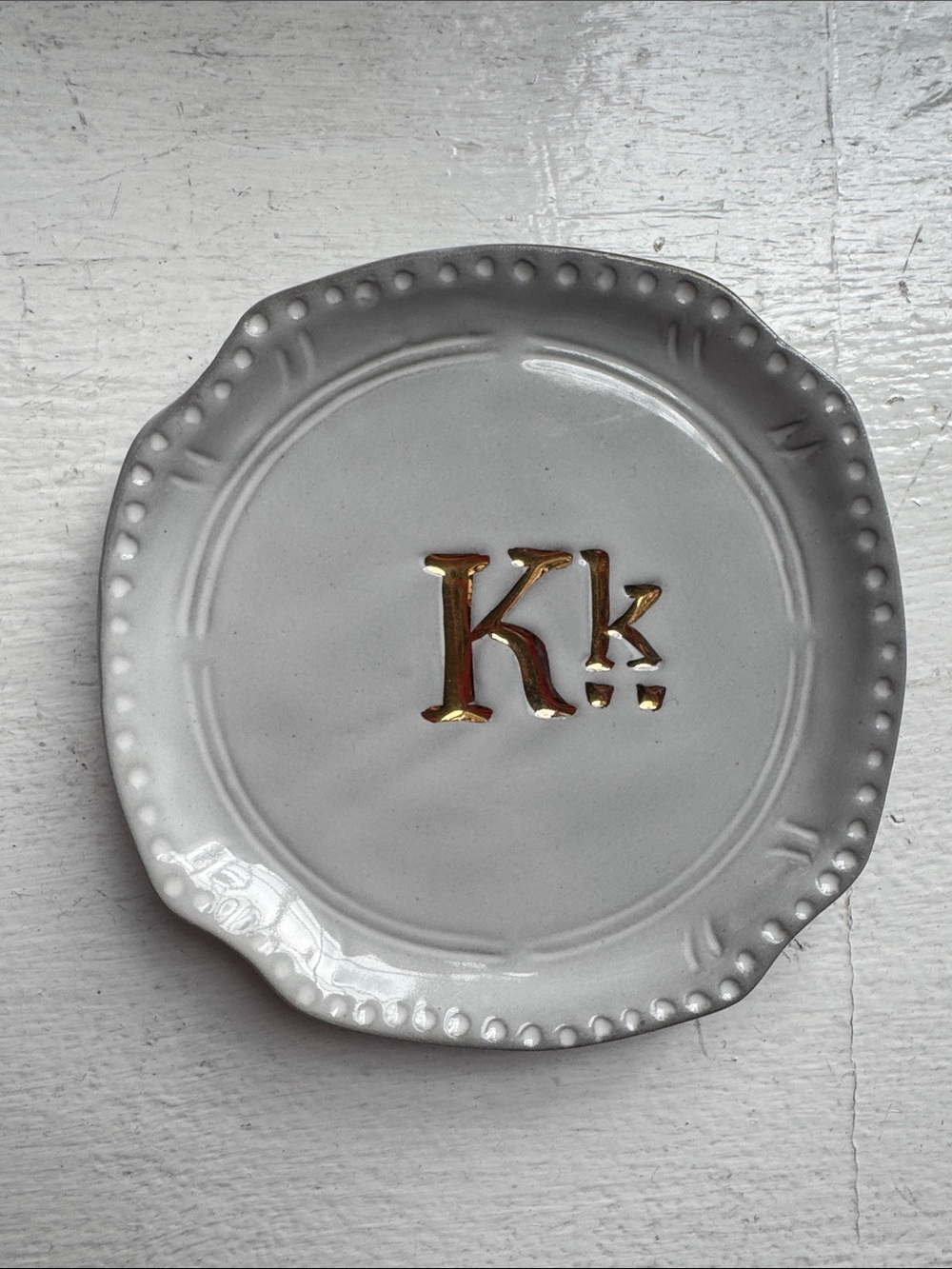 ANTHROPOLOGIE “K” Trinket Tray Coaster Gray Gold